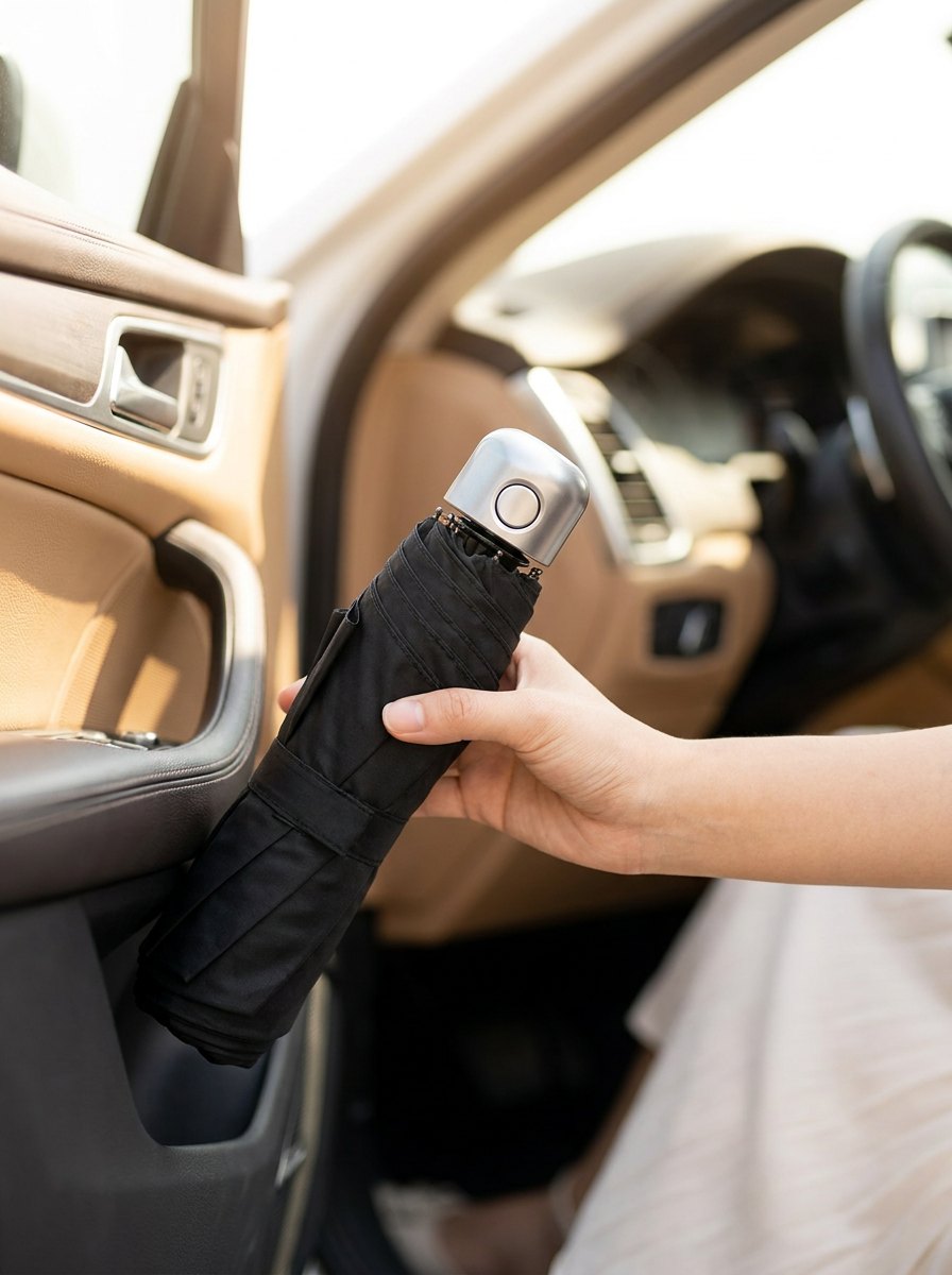 Hand holding the folded SunShield, the size of a bottle
