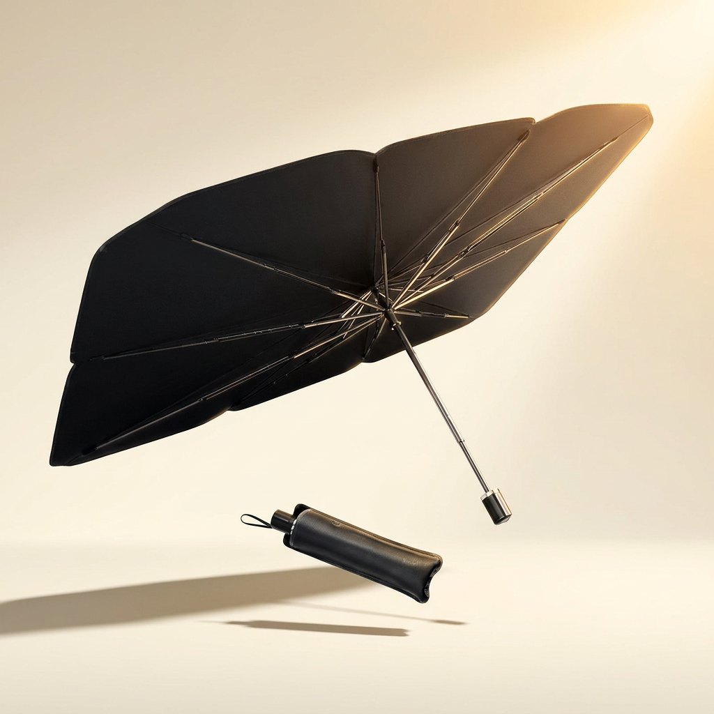SunShield Umbrella floating product shot with its compact storage pouch
