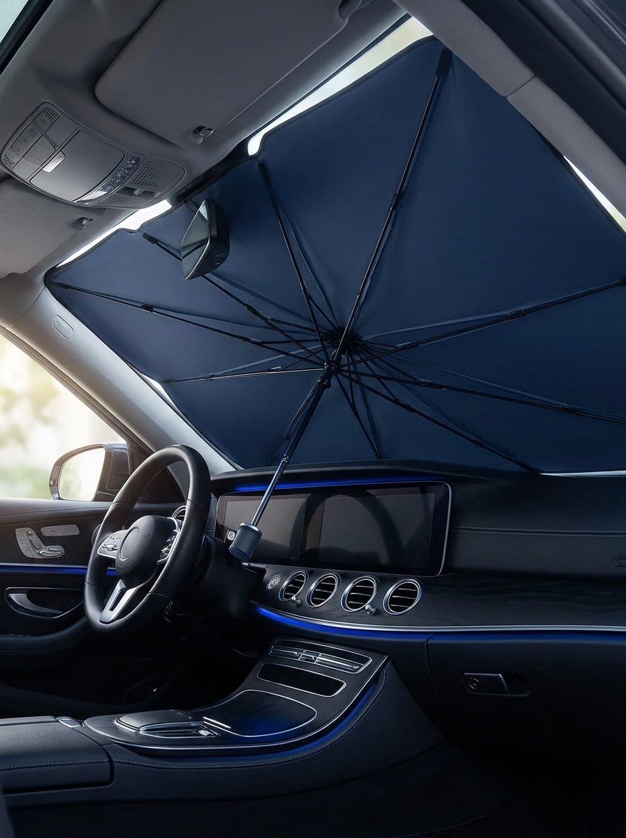 SunShield installed behind a windshield, seen from inside the car
