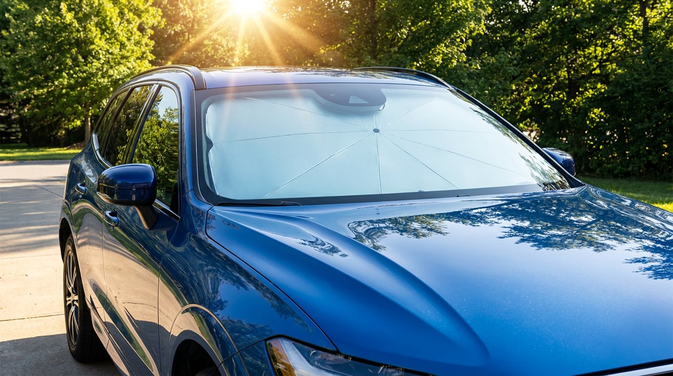 SunShield Umbrella deployed behind the windshield of a blue SUV under bright summer sun